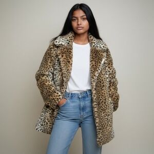 POPSUGAR Leopard Print Faux Fur Coat Women's Size Small Long Sleeve Button Front